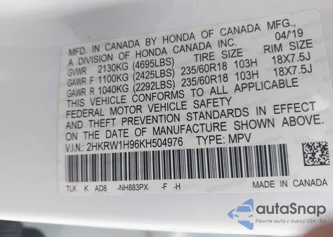 2019 Honda Cr-V Touring from USA, damaged, VIN 2HKRW1H96KH504976